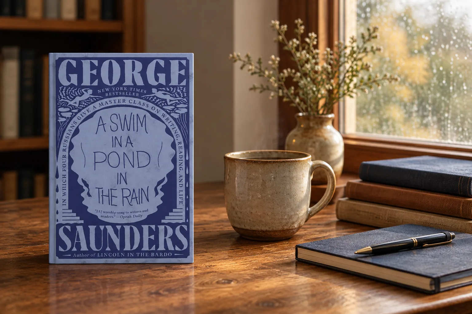 Book cover or source illustration for A Swim in a Pond in the Rain — George Saunders