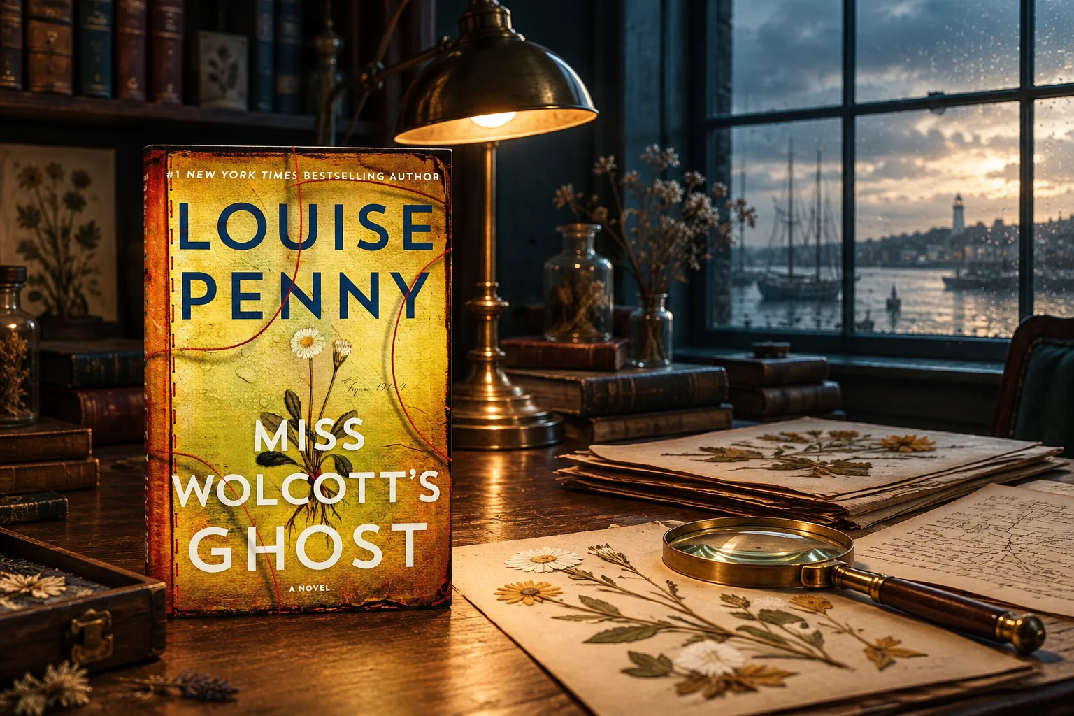 Book cover or source illustration for Miss Wolcott's Ghost by Louise Penny (US hardcover, ISBN 9781250412607)