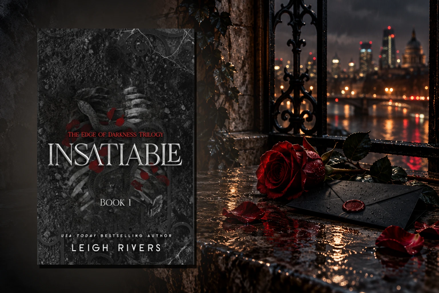 Book cover or source illustration for Insatiable — Leigh Rivers (The Edge of Darkness Trilogy, Book 1; ISBN 9781638935469)